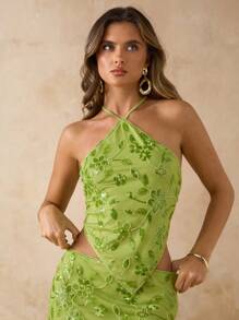 SHEIN BAE Pure Green Spaghetti Strap Elegant Pearl Floral Backless Tie Camisole Top, Glittery Sequin Spaghetti Strap Backless Top, Suitable For Beach Resort Vacation, Sexy Backless Sequins Pearl Decorated Camisole - Green - View 1