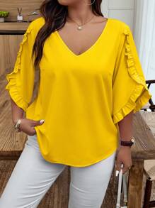 Calvaya Blusa de talla grande de verano casual con diseño de volantes en unicolor, Día de San Valentín - Amarillo - Ver 1