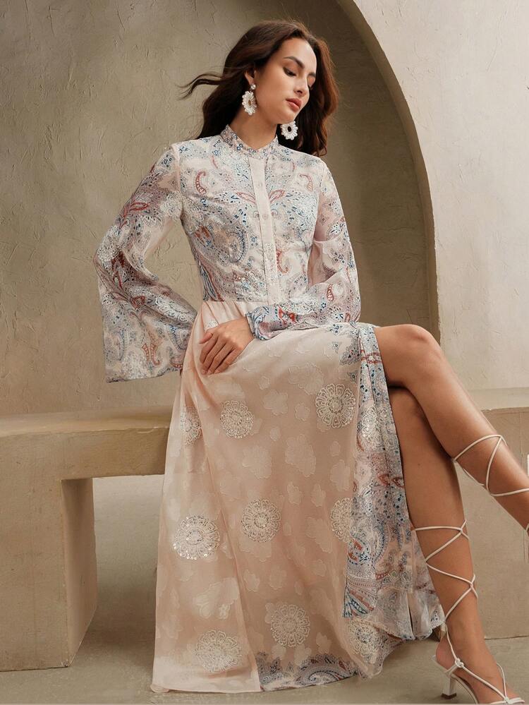 New Spring/Summer Floral Print Stand Collar Flare Sleeve Dress, Elegant Elegant