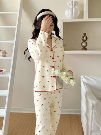 少女杏色简约樱桃印花长袖上衣和裤子两件套休闲舒适家居服套装