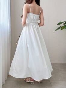 FRIFUL Women Spaghetti Strap Contrast Lace Waist Dress For Graduation, Festival, Holiday Wedding Women Dresses - White - View 5