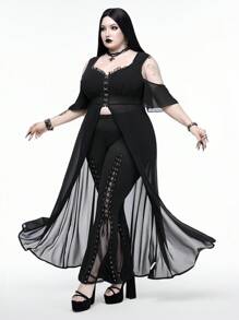 ROMWE Goth Cárdigan de playa de gasa con parches de encaje transparente, estilo gótico, tallas grandes, para verano