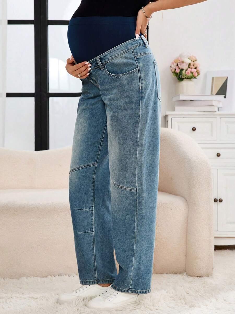 SHEIN Maternity Solid Patch Pocket Casual Loose Fit Jeans - Medium Wash - View 1