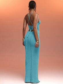 MUSERA 钩针编织露背吊带束身胸衣拼接系带露背长款毛衣连衣裙，适合夏季度假、性感伊比沙岛风情、春季海滩度假、优雅冬季约会之夜、时尚嘉年华假期。 - 藍色 - 查看 3