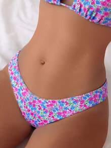 SHEIN Swim Women's Summer Beach Floral Print Halter Tie Sexy Bikini Set, Printed Pattern Random - Multicolor - View 3
