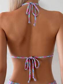 SHEIN Swim Women's Summer Beach Floral Print Halter Tie Sexy Bikini Set, Printed Pattern Random - Multicolor - View 5