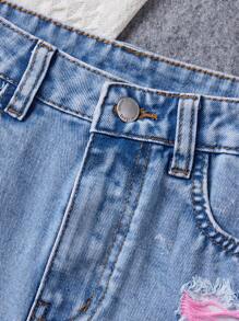 SHEIN Teen Girls' Contrast Color Frayed Hem Summer Denim Shorts With Pockets - Light Wash - View 4