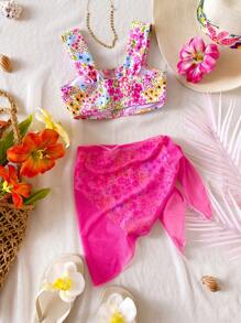 少女碎花泳衣，3 件套，包含泳衣上衣、三角比基尼泳裤和网眼裙，伊比沙岛服装