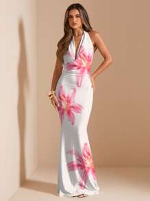 SHEIN BAE Casual All-Over Print Draped Neck Long Dress/Pink Ombre Dress/Island Vacation Dress/Resort Dress/Birthday Party Dress/Elegant Backless Dress For Women/Elegant Dresses For Party,Bodycon Dress Chic Dress - Multicolor - View 3