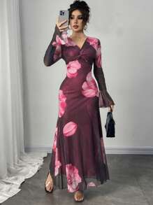 Modelyn V-Neck Flare Sleeve Romantic Bodycon Dress, For Women, Spring/Summer Fall Cloth For Women - Multicolor - View 1