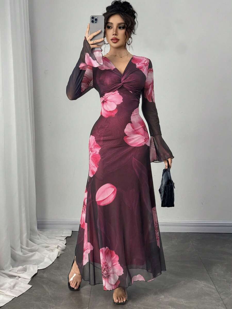 Modelyn V-Neck Flare Sleeve Romantic Bodycon Dress, For Women, Spring/Summer Fall Cloth For Women - Multicolor - View 1