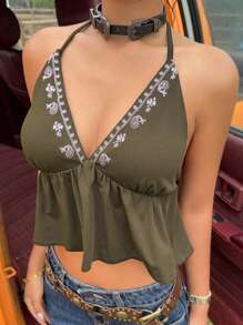 SHEIN EZwear 橄榄绿刺绣针织挂脖女上衣 - 軍綠色 - 查看 7