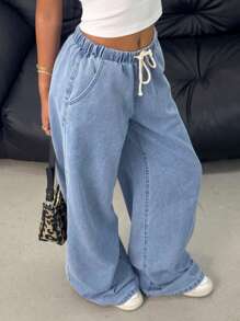SHEIN Teen Girls Y2K Casual Versatile Summer Light Washed Drawstring Waist Wide Leg Casual Jeans Wide Leg Jeans For Daily Wear,Summer Stretchy Waist Comfortable Wide Leg Pants,Girls Summer Beach Boho Vacation Casual Outfits,Rave Concert Festival Outfits,Girls Summer Brunch Church Graduation Outfits,Streetwear Back To School Outfits