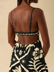 CAJUNI Women's Boho Tropical Green Palm Tree, Sunshine Print Deep V-Neck Spaghetti Strap Backless A-Line Short Dress,Bohemian Clothes