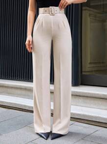 EURMUSE Fashionable Versatile Solid Color High Waist Straight Leg Suit Pants - Apricot - View 1