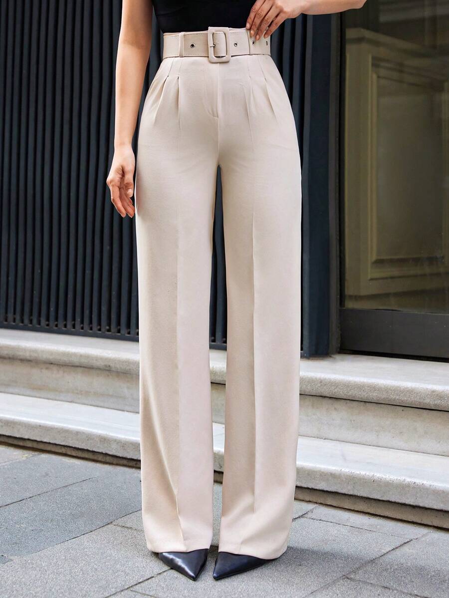 EURMUSE Fashionable Versatile Solid Color High Waist Straight Leg Suit Pants - Apricot - View 1
