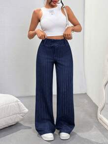 SHEIN Tall Women's Casual Striped Low-Waist Pants, Spring - Royal Blue - View 4