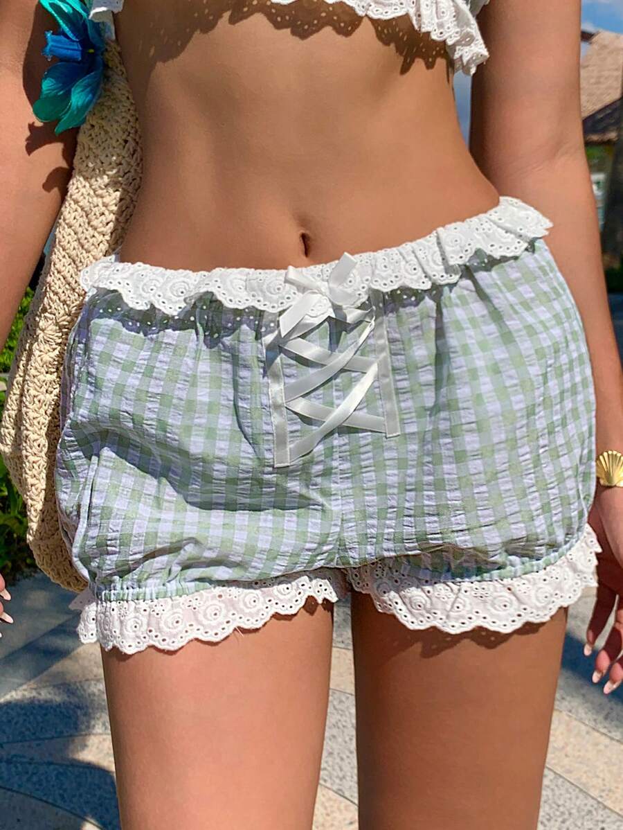 Zolique Women's Cotton Linen Shorts With Floral Patchwork Ruffle & Check Pattern, Casual & Cute, Summer Beach Outfits For Woman Resort Wear - Multicolor - View 1