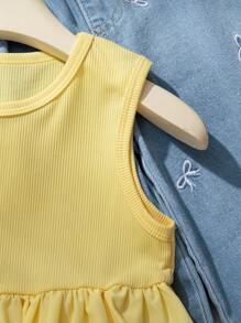 Genkimix Kids Bộ 2 món cho bé gái: Áo tank top không tay gân và quần jean dài ống rộng thêu nơ, trang phục mùa hè phong cách Hàn Quốc cho kỳ nghỉ hè. - Màu vàng - Xem 5
