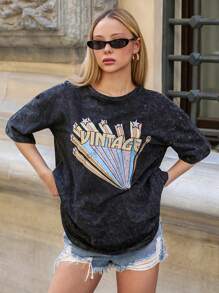 RueChic Tricou casual cu mânecă scurtă, culoare solidă, guler rotund, stil relaxare, croială lejeră, contrast frontal, sezonier, vintage, cu grafică, spălat cu acid