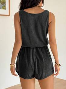 SHEIN EZwear 黑色 V 领无袖针织连体裤，女式休闲弹力束腰连体裤，夏季 - 黑色 - 查看 2