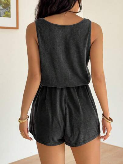 SHEIN EZwear 黑色 V 领无袖针织连体裤，女式休闲弹力束腰连体裤，夏季