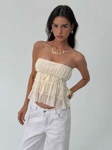 Aloruh Women's Elegant Sexy Island Vacation Solid Color Tops Music Festival Concert Y2K Young Girl Going Out Tops Daily Leisure Commuting Office Vest Apricot Ruched Sexy Tube Top, Summer,Graduation,Back To School Outfits