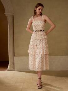 MOTF PREMIUM POLKA DOT PRINT RUFFLE TRIM SPAGHETTI STRAP MID-LENGTH DRESS - Champagne - View 5