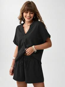 SHEIN LUNE Women's Solid Color Loose Fit Casual 2-Piece Set Shorts Summer Sets - Black - View 4