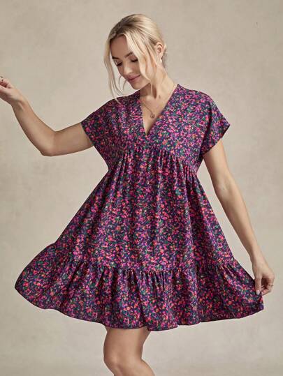 Wildy Vestido corto morado casual de verano con flores pequeñas, adecuado para vacaciones, regreso a clases y trabajo para maestras