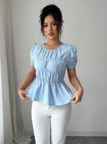 Elenzga Nueva blusa de mujer de cuello redondo con mangas abullonadas y recogida en azul cielo, primavera/verano