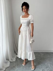 Elenzga 女士优雅褶皱圆点方领泡泡袖收腰中长连衣裙