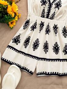 Soleia Women's Vacation Camisole Jumpsuit, Pattern Placement Print, Beach & Summer Wear Women Summer Clothes Dress Woman S Summer Clothes Women Summer Sets Women Short Dresses Summer Women S Clothes - Black and White - View 6