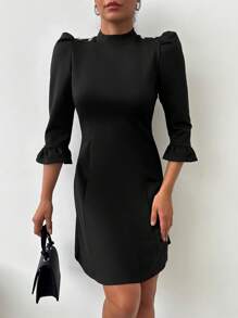 EURMUSE Mock Neck Flounce Sleeve A-line Dress - Black - View 4