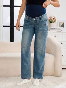 SHEIN Maternity Solid Patch Pocket Casual Loose Fit Jeans - Medium Wash - View 3