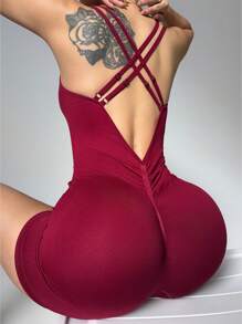 Slayform Women's Seamless Yoga Spiral Patterned Playsuit Workout Rompers Jumpsuits,Athletic Gym Gear Burgundy Summer Athleisure Sports Outfit Clothes - Burgundy - View 8