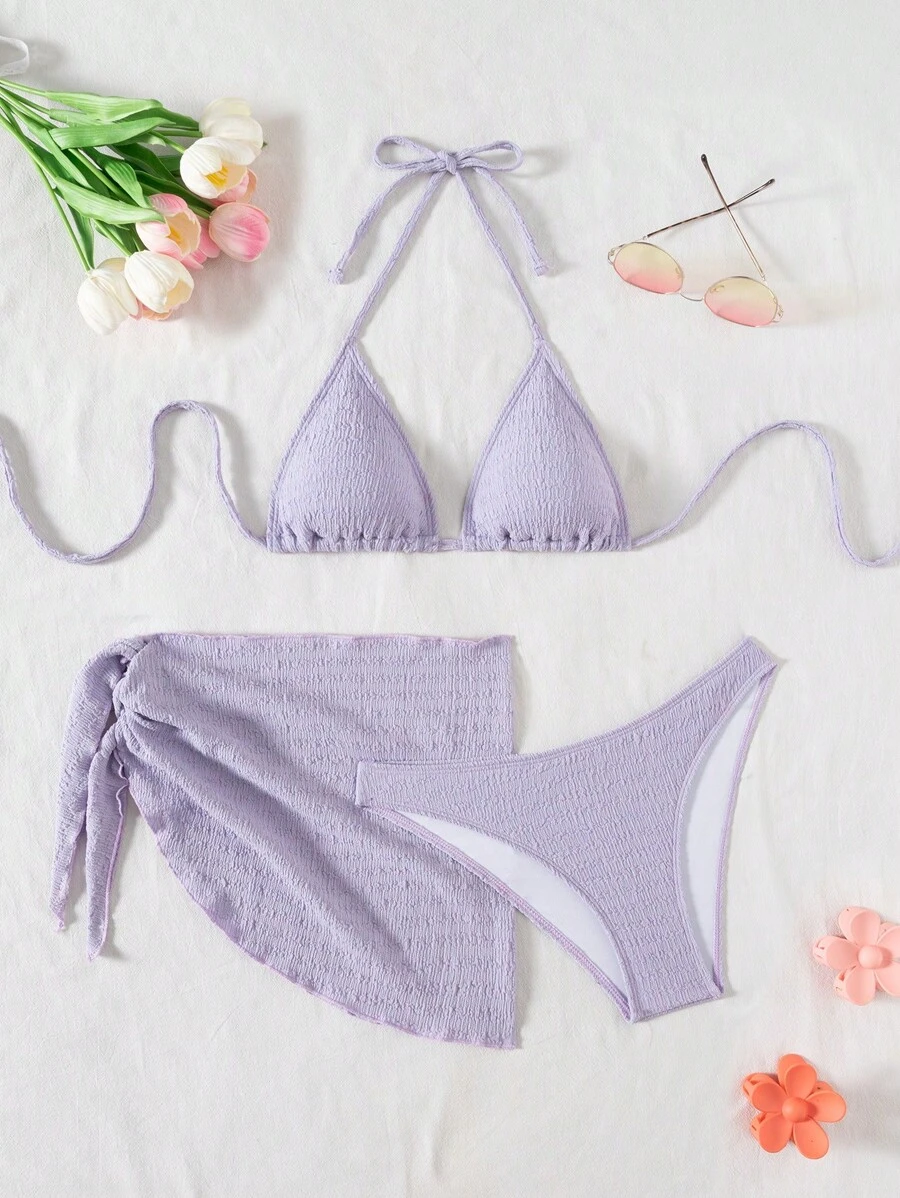 SHEIN Swim 3件套女士纹理比基尼泳装(含裙式泳裤) - 紫色 - 查看 1
