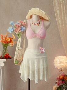 SHEIN Swim 2件套女士2025夏季海滩V领纹理泳衣 - 粉色 - 查看 1