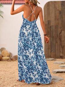 Breezaya 女款花卉印花V领细肩带长款度假海滩装 - 藍白色 - 查看 2