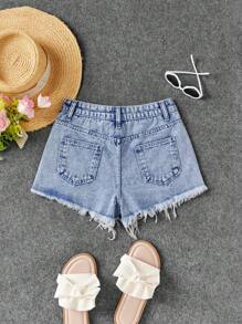 SHEIN Quần short denim họa tiết trang trí rách rưới cho bé gái tuổi teen - Rửa nhẹ - Xem 2