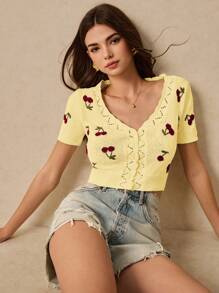 Poéselle Damen Lässig Kirschblüten Muster Cardigan mit Muschelabteilung, kurzärmlig, Sommer