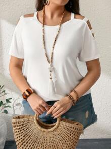 EMERY ROSE Plus Size Women Solid Hollow-Out Short Sleeve Casual T-Shirt, Spring And Summer