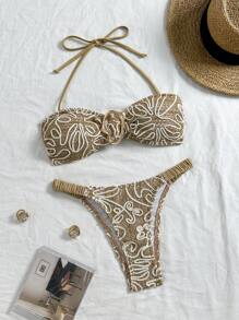 SHEIN Swim Conjunto de 2 piezas de traje de baño para mujer con top de bandeaux sin aros y shorts de natación de punto jacquard, para verano, playa y viajes