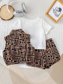 SHEIN 3pcs/Set Baby Boy Summer Cute Cartoon Bear Print Short Sleeve T-Shirt, Shorts, Vest 3-Piece Outfits