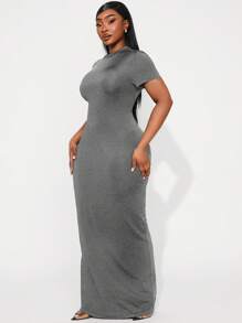 SHEIN SXY Vestido midi elegante de manga corta, de cuello redondo y ajustado en talla grande de un solo color