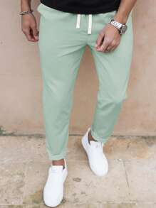 Manfinity Homme Pantalones casuales de unicolor, ajuste delgado, pierna recta para hombres, pantalones de verano, otoño - verde menta - Ver 4