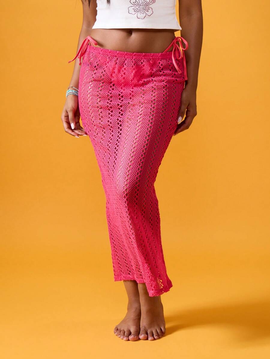 MISSGUIDED Strandaccessoire gehäkelte Maxi Rock mit Seitenbändern, Sommerurlaubs Resort-Kleidung, Mesh Gestrick Lang Badeanzug-Cover-Up mit Schlitz, Urlaubsmode Poolseite - Heißes Pink - Übersicht 1
