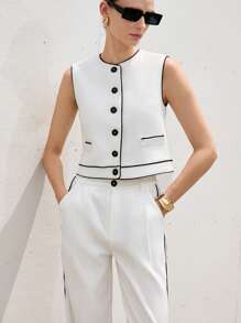 Aveloria Modichic Premium Women's White Crew Neck Vest, Contrast Striped Blazer & Straight-Leg Pants Suit, Business Attire - Black and White - View 4