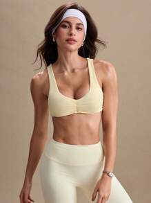 Eassivo Eassivo Women Sports Bra With Cotton Lining, Pleated Yoga Bra - Yellow - View 4