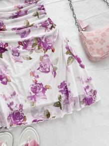 Soleia 网眼玫瑰花卉印花褶饰露背迷你吊带连衣裙，假期约会情人节下午茶上衣，春夏